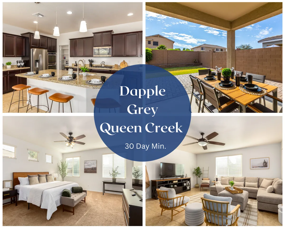 The image showcases a spacious, modern open-concept interior blending the kitchen, dining, and living areas. The kitchen features a large island with bar stools, perfect for gathering, while the dining table is beautifully set, inviting guests to share meals. Comfortable living room seating creates a cozy atmosphere, and a glimpse of the stylish bedroom promises restful nights.